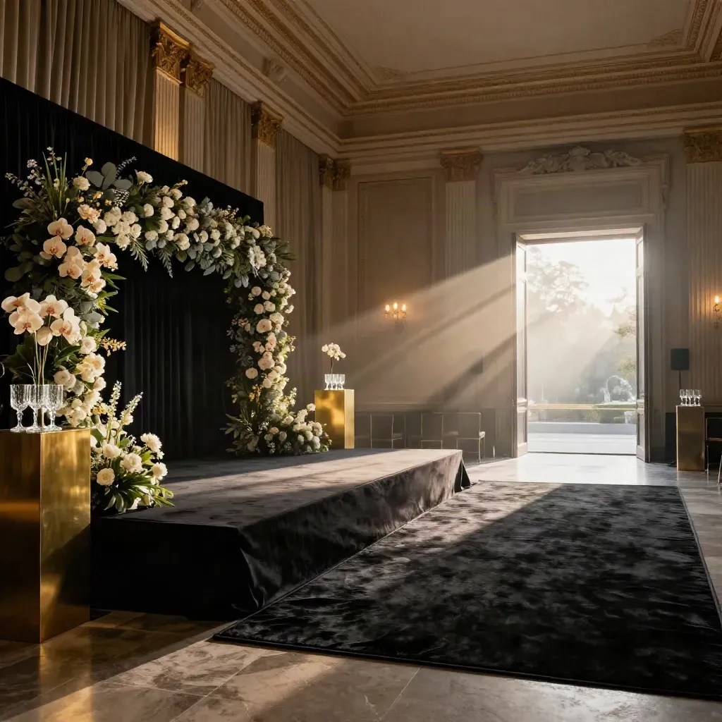 Ballroom milanese trasformata in set nero e oro con palco scenografico, fiori e luce dell’alba.