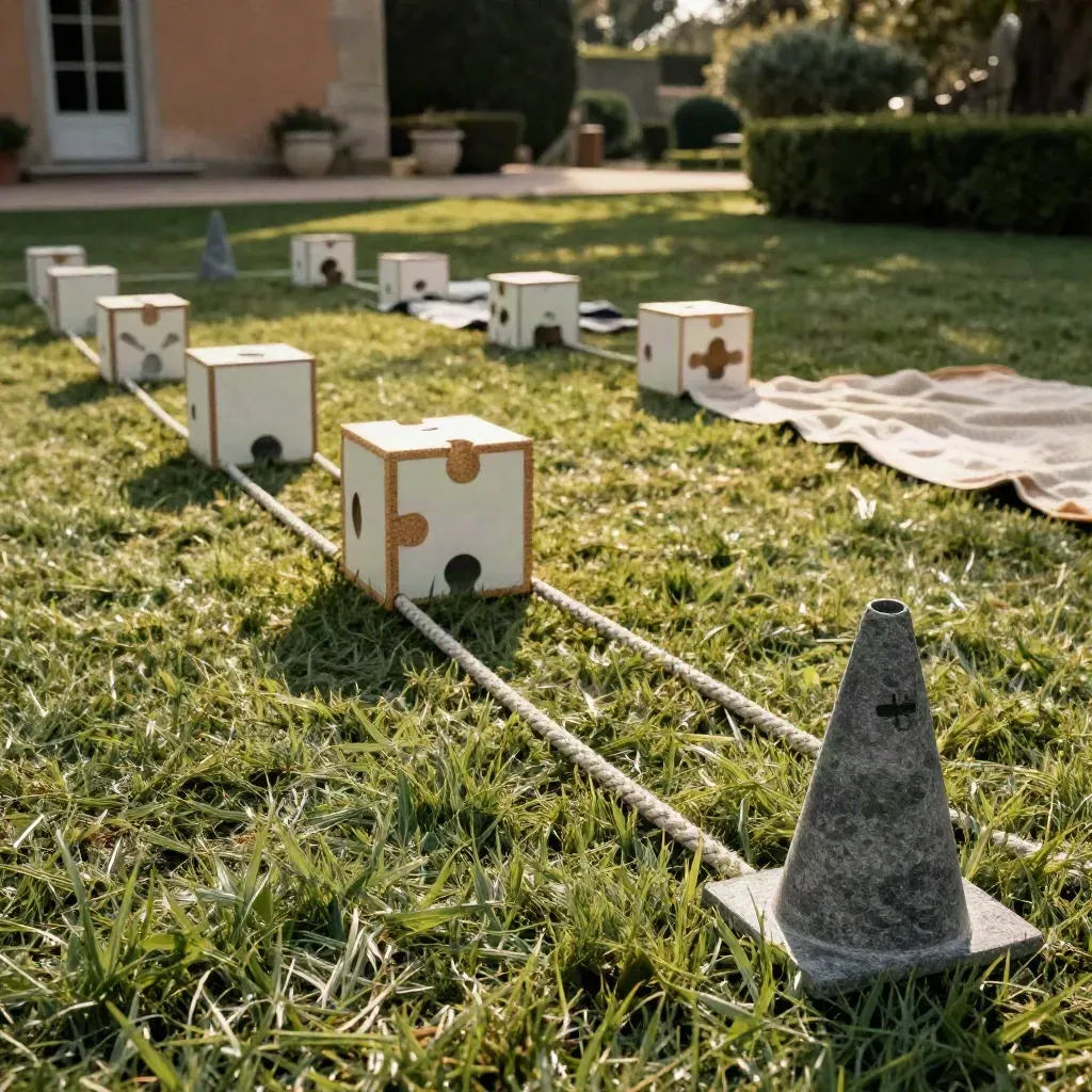 Allestimento team building su prato di villa con corde, casse puzzle, coni e coperte.