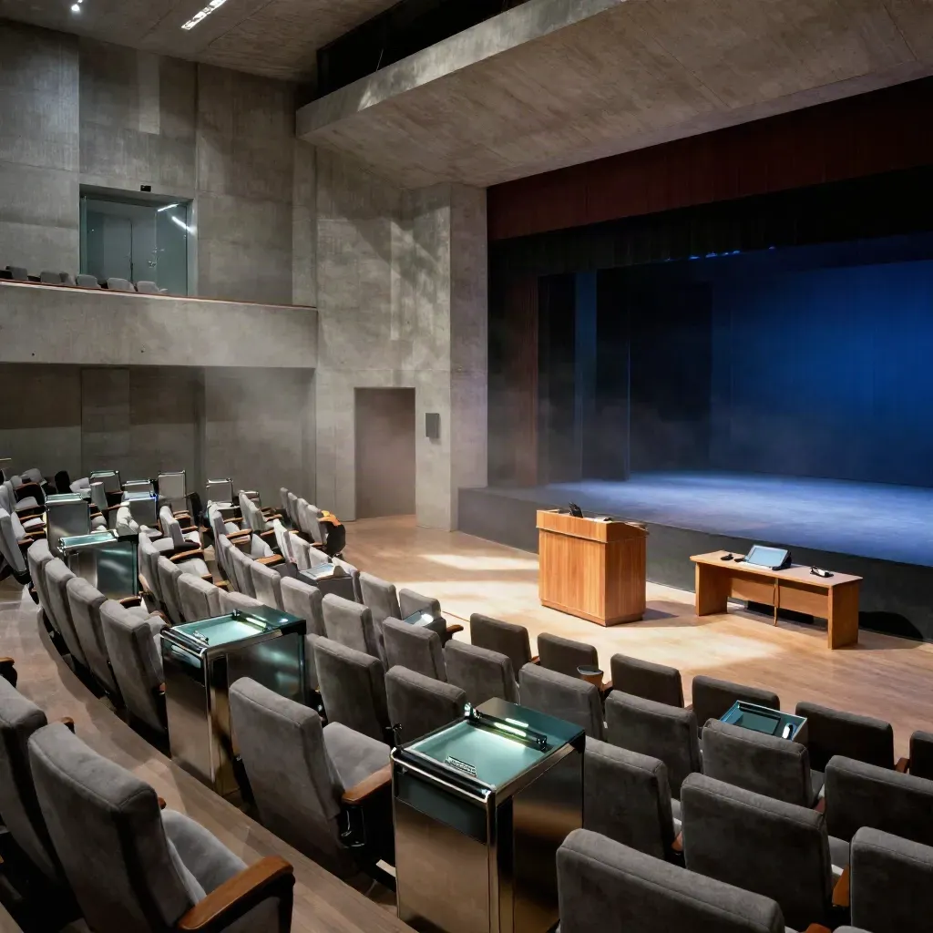 Auditorium di Bologna vuoto con cabine di traduzione, palco blu e podio pronto.
