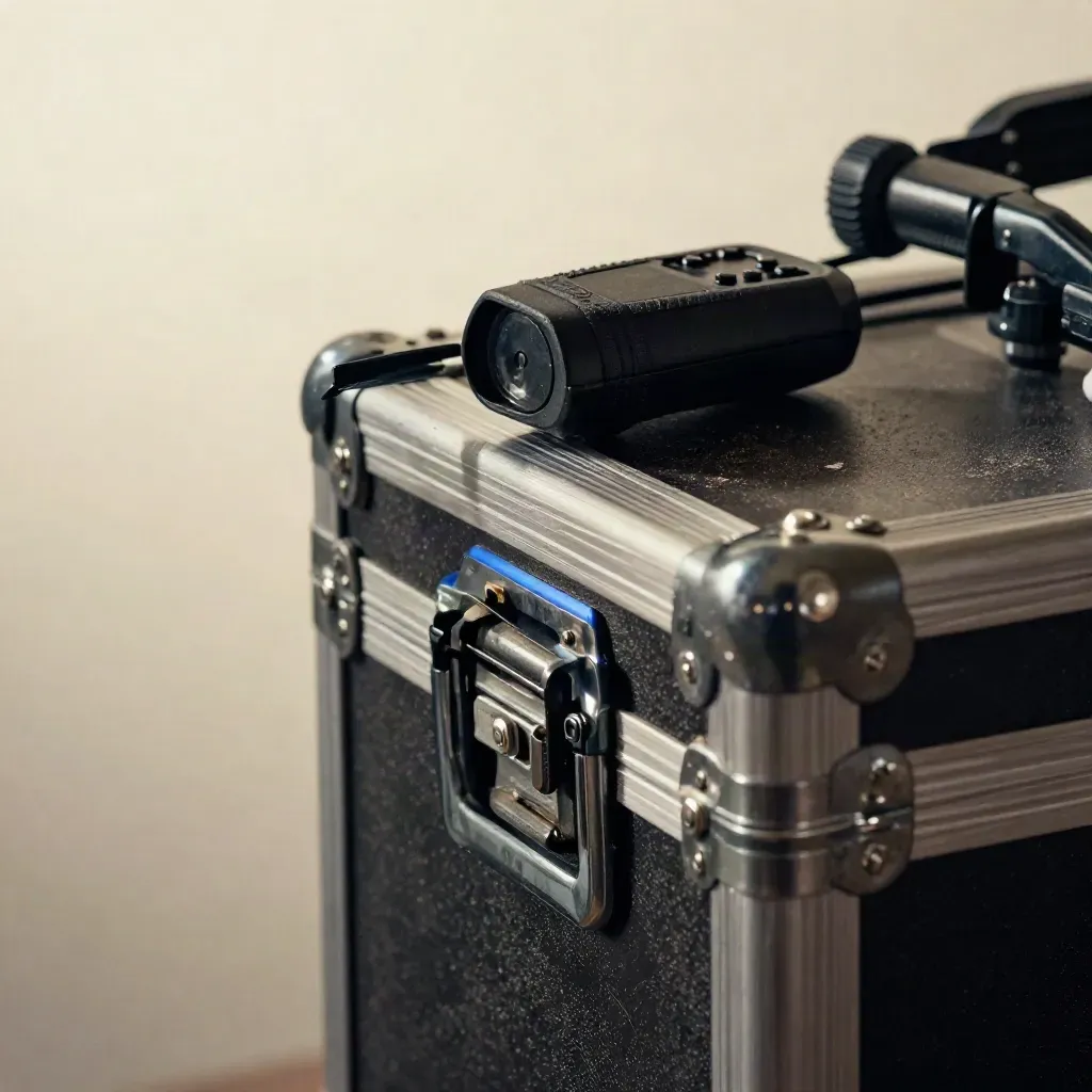 Dettaglio macro di cue light, trigger wireless e latch da flight-case su palco con lieve foschia.