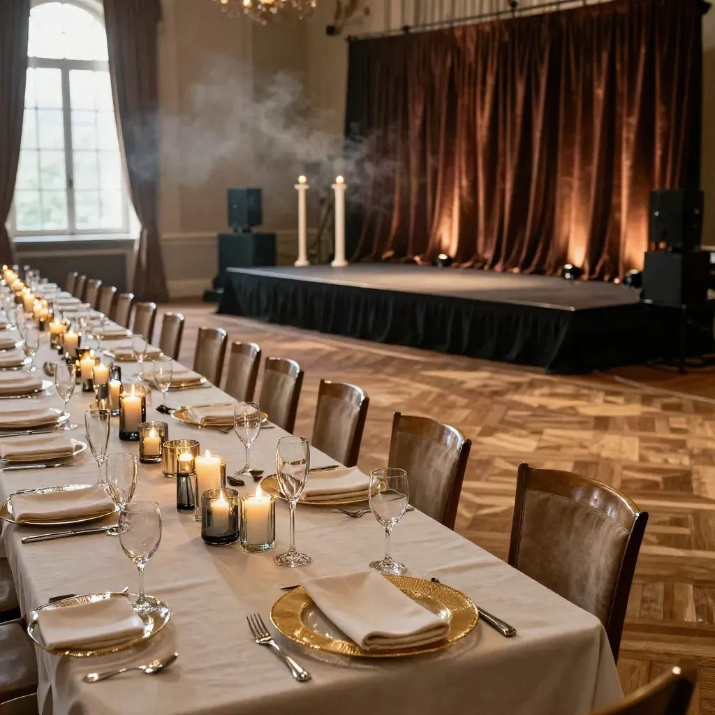 Sala per cena aziendale con palco, tavoli apparecchiati e bordo pista, luce calda di show.