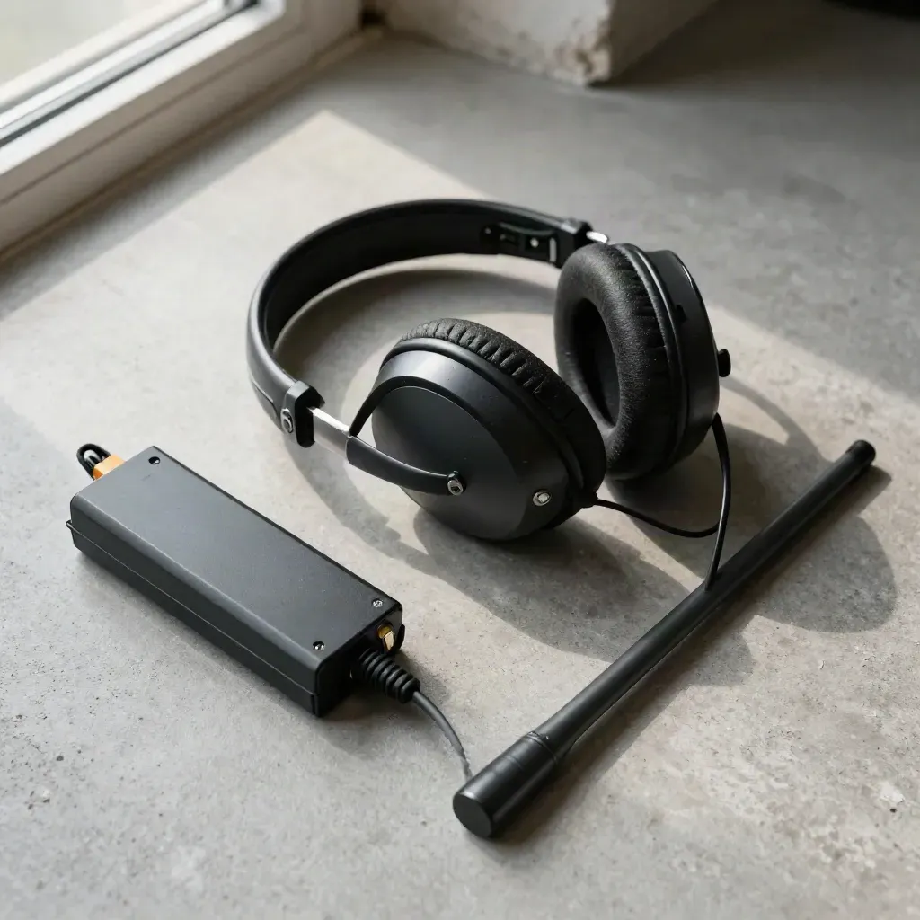 Flatlay dall'alto con cuffia radio, cavo, batteria e bastone segnale su cemento ardesia.
