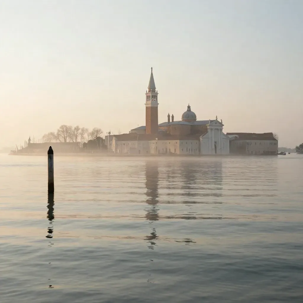 Laguna di Venezia all’alba con campanile lontano e acqua immobile nella foschia salina